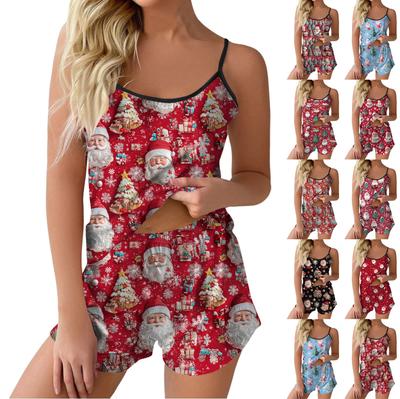 Damen Modisches, lässiges Pyjama-Set mit ärmellosem Oberteil und Shorts mit Weihnachtsmuster