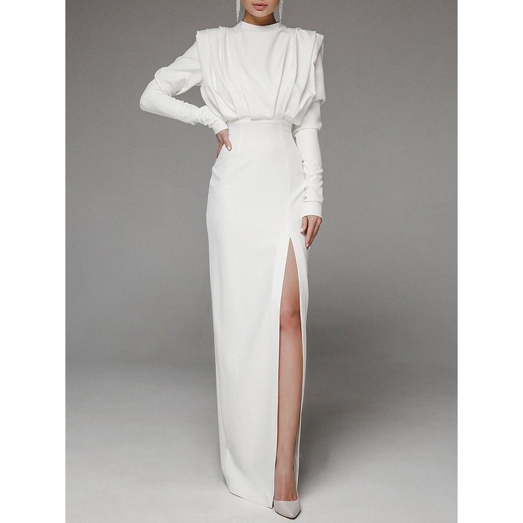 Frühling Sommer Damen Modekleid, Europäischer Amerikanischer Stil Hoher Kragen Schlitz Langes Maxikleid, Freizeitkleidung