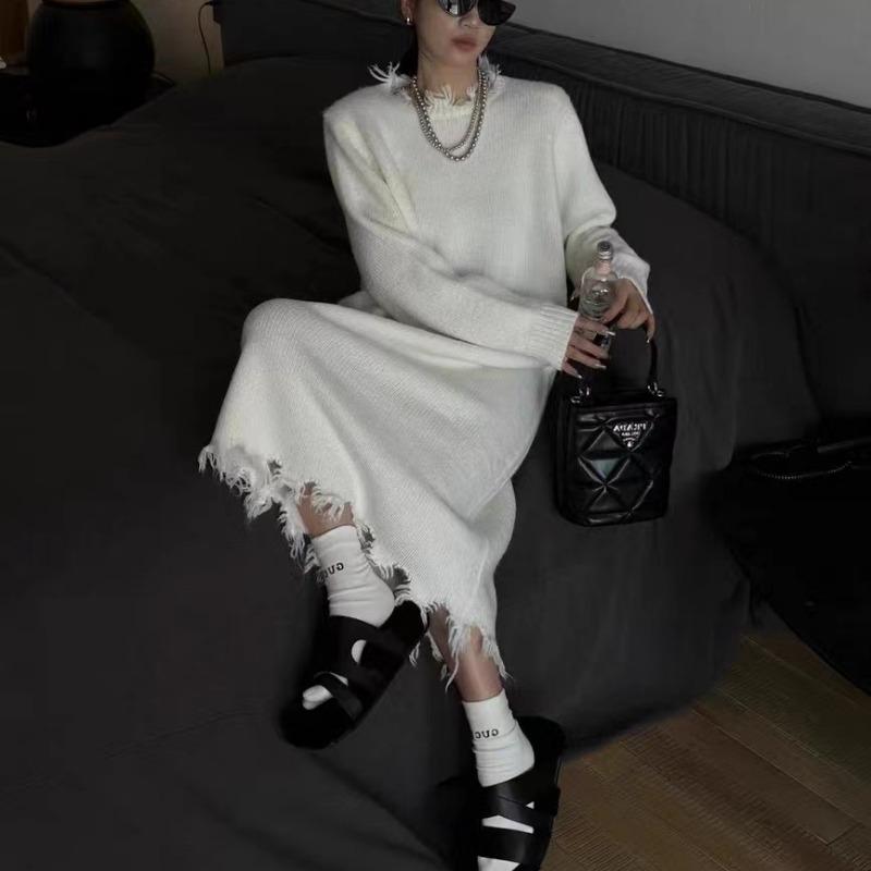 Autumn and Winter New Loose and Thin Lazy Wind Sweater Women's Medium and Long Solid Color Pullover Knitted Dress