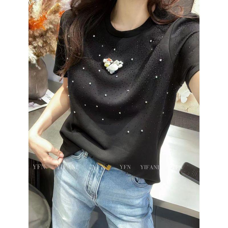 Area Water Soluble Drill! Easiest for Match Girls' Fashionable round Neck Short-Sleeved Stretch Cotton Flash Heart T-shirt All Year Round Wearable