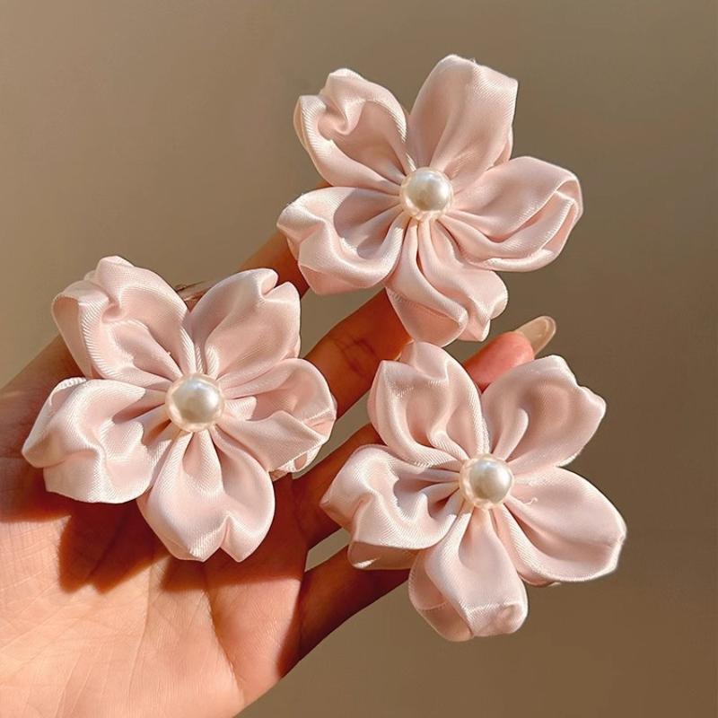 New Fashion Satin Pink Flower Hair Clamps Korean Imitation Pearl Side Hairpins Barrettes For Women Cute Hair Accessories