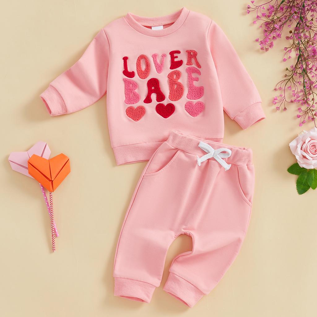 Toddler Girls Valentines Outfits Letter Embroidery Long Sleeve Sweatshirt and Elastic Pants Set Baby Cute Clothes
