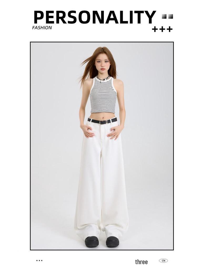 Women's Autumn 2025 Casual White Wide-Leg Pants: High-Waist, Loose, Slimming, Drapey, Floor-Length