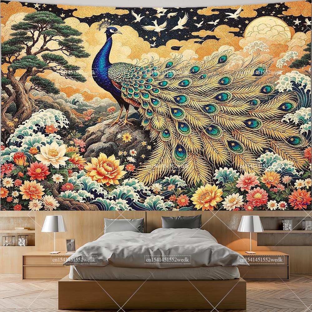 Japanese Peacock Tapestry Bird Scenic Floral Tapestries Aesthetic Wall Art Landscape Tapestrys Aestehtic Room Decor Backdrops