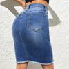 Women's Blue Washed Denim Hip-Hugging Skirt with Frayed Edge