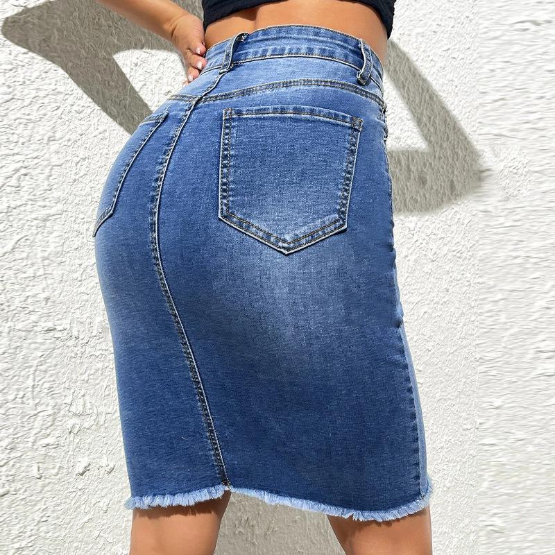 Women's Blue Washed Denim Hip-Hugging Skirt with Frayed Edge