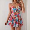 2026 New European American Printed One Piece Swimsuit for Women, Fashion Gathered Bust Backless Tie Design Bathing Suit