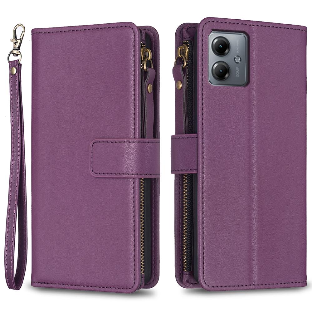 

BF Style-19 for Motorola Moto G14 4G Zipper Pocket Wallet Case PU Leather Stand Phone Cover Dark Purple