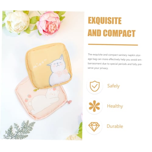 Healeved 2-Pack Portable Sanitary Pad Storage Bag, Cute Cat and Strawberry Print, Large Capacity, Waterproof, Convenient Sanitary Pouch for Women and