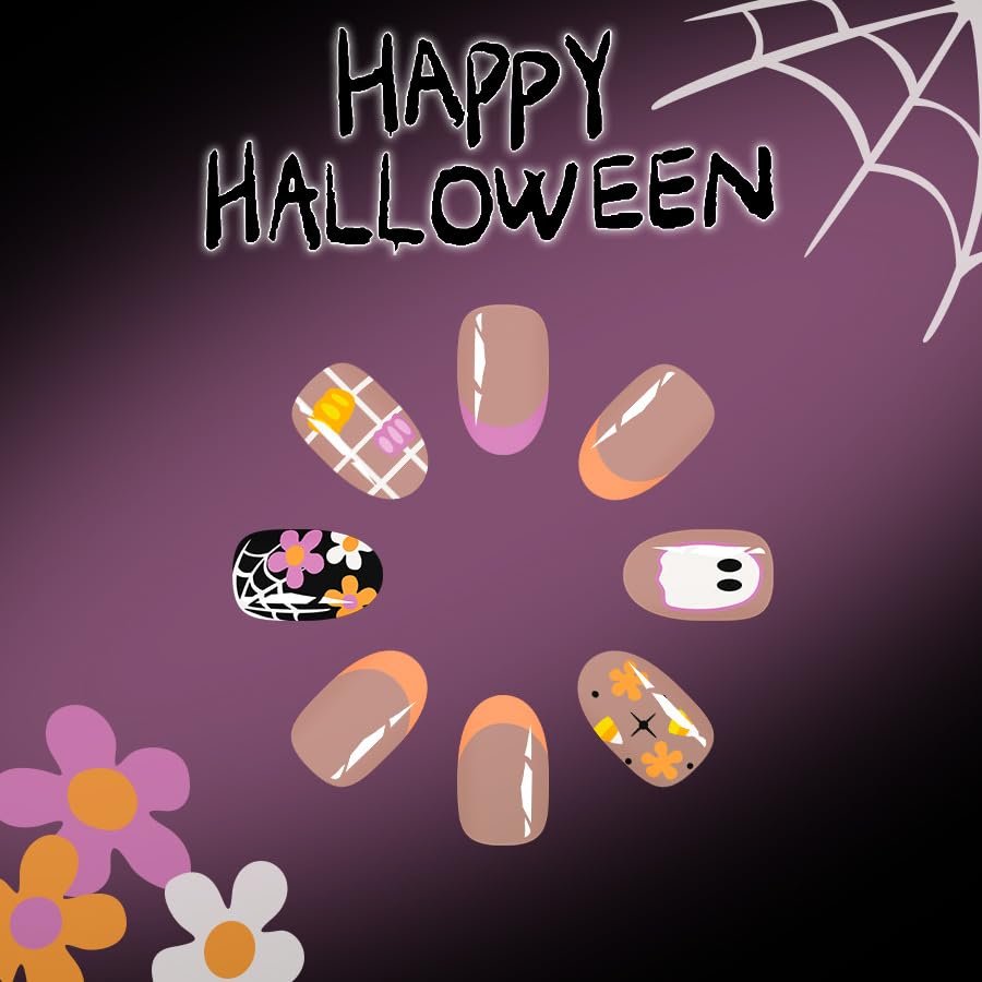 ONPRESS 24Pcs Halloween Press on Nails Short Almond Fake Nails with Ghost Face Spooky Bat Spider Web Design False Nails Orange Pink French Tip Glue