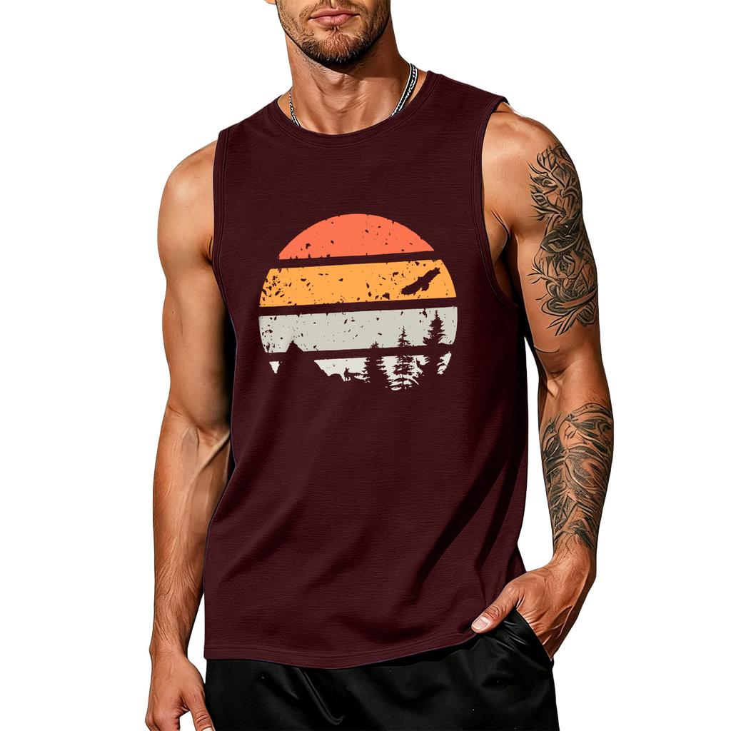 Mens Sleeveless Tank Top Crew Neck Graphic Print Vintage Style Casual Loose Fit Comfortable Shirt