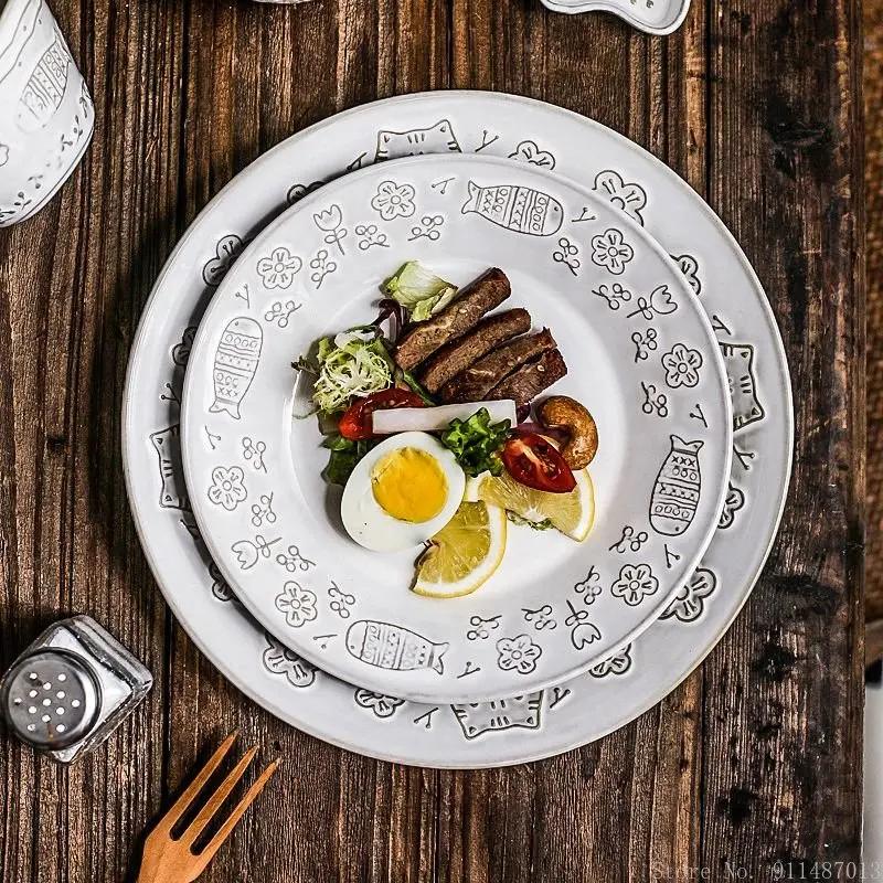 Creative White Glaze Japanese Embossed Cartoon Cute Cat Ceramic Tableware Home Kitchen Restaurant Supplies Fish dinner plates