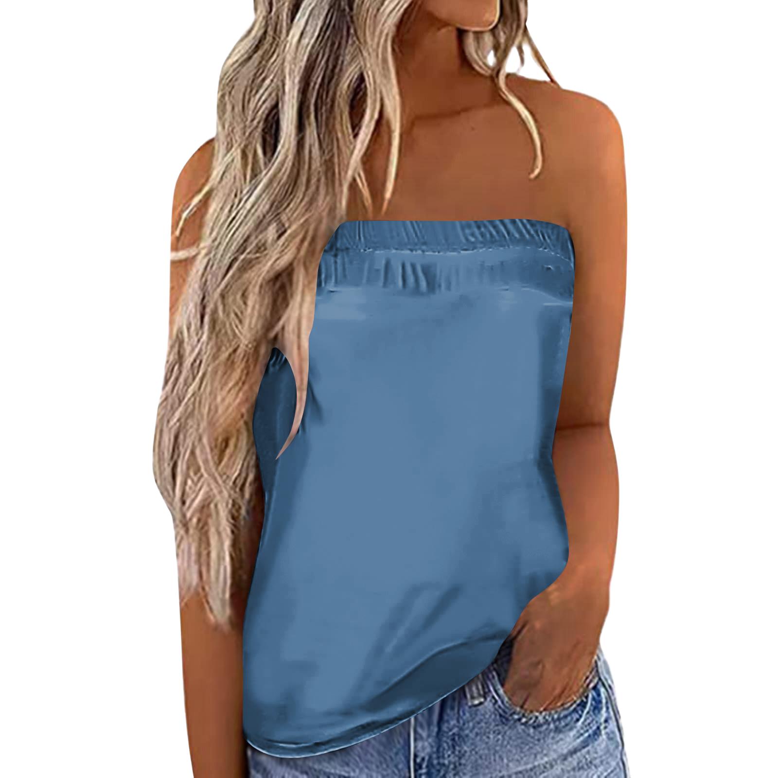 Women s Summer Sexy Strapless Off-Shoulder Elastic Band Top S синий