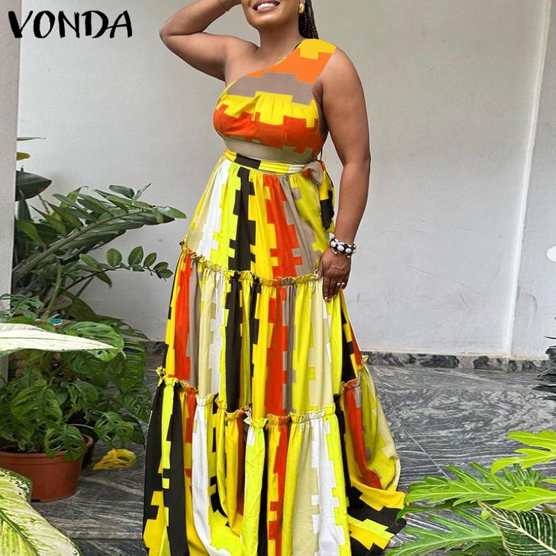 

VONDA Женское свободное платье трапециевидной формы с открытыми плечами и принтом большого размера без рукавов