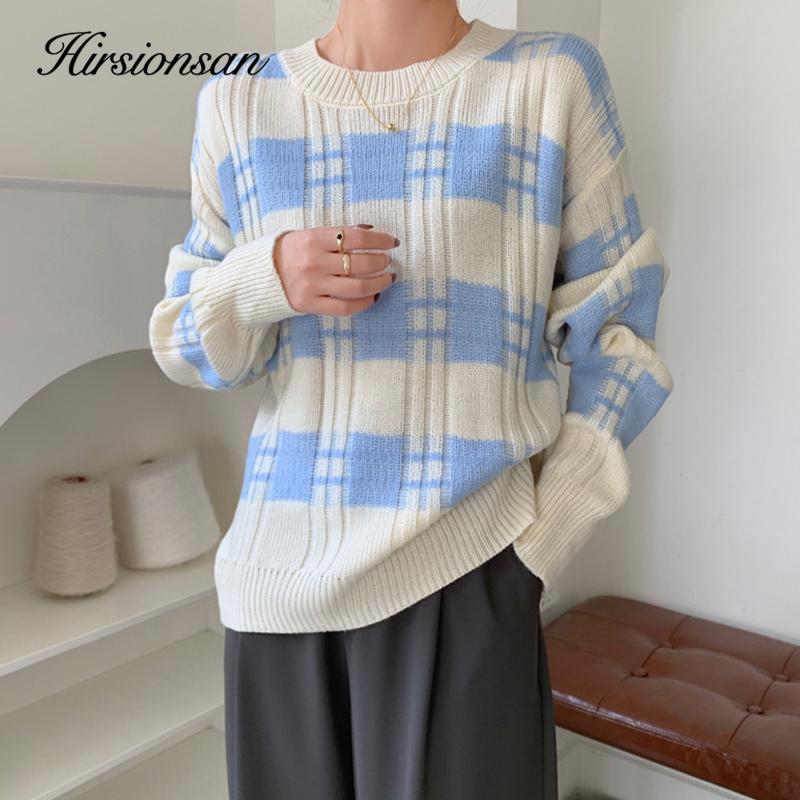 

Hirsionsan повседневный пуловер с круглым вырезом и длинными рукавами, женский винтажный клетчатый теплый вязаный свитер, женский свободный зимний простой ленивый джемпер