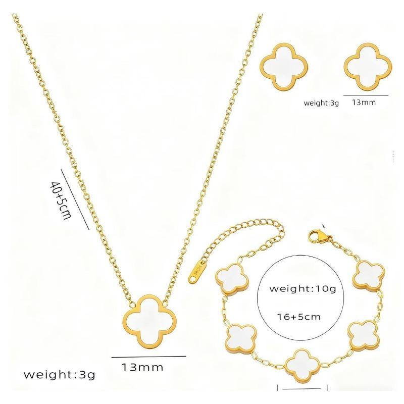 4PCS 13MM Double-Sided Smooth Mother-of-Pearl Four-Leaf Clover Set, Necklace, Bracelet, Earrings And Ring Set, Versatile Jewelry for Women