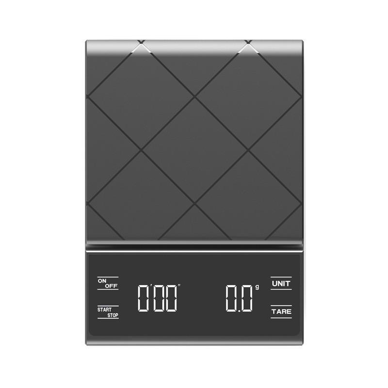 Rechargeable Hand Drip Coffee Scale with LED Touch Screen, 3KG Capacity, and Timer for Home and Commercial Use.