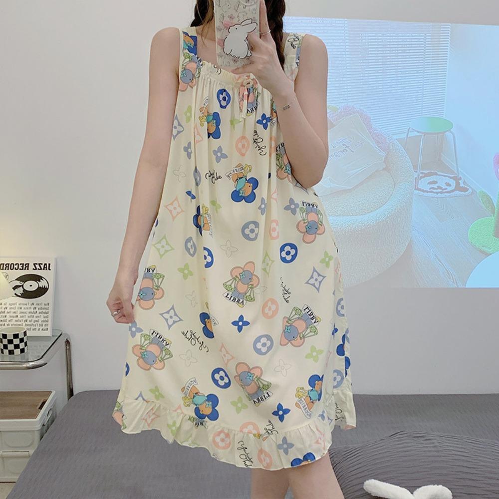 Cotton and Silk Nightgown Women's Spring, Summer and Autumn Casual Short-sleeved Large-size Printed Pajamas Summer Thin High-end Sensitive Cotton Whol