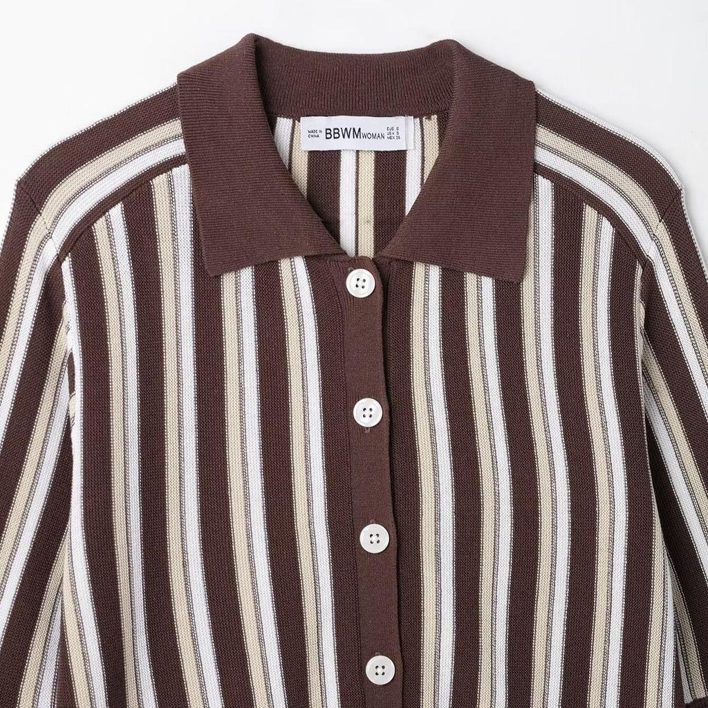 Spring 2025 Women's European & American Striped Knit Polo Cardigan