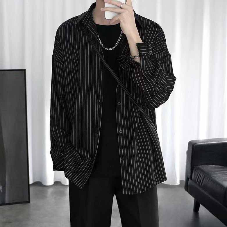 Herren Frühling und Herbst Plus Size Revers Peplum Einfarbig Langarm Gestreiftes Hübsches Hemd