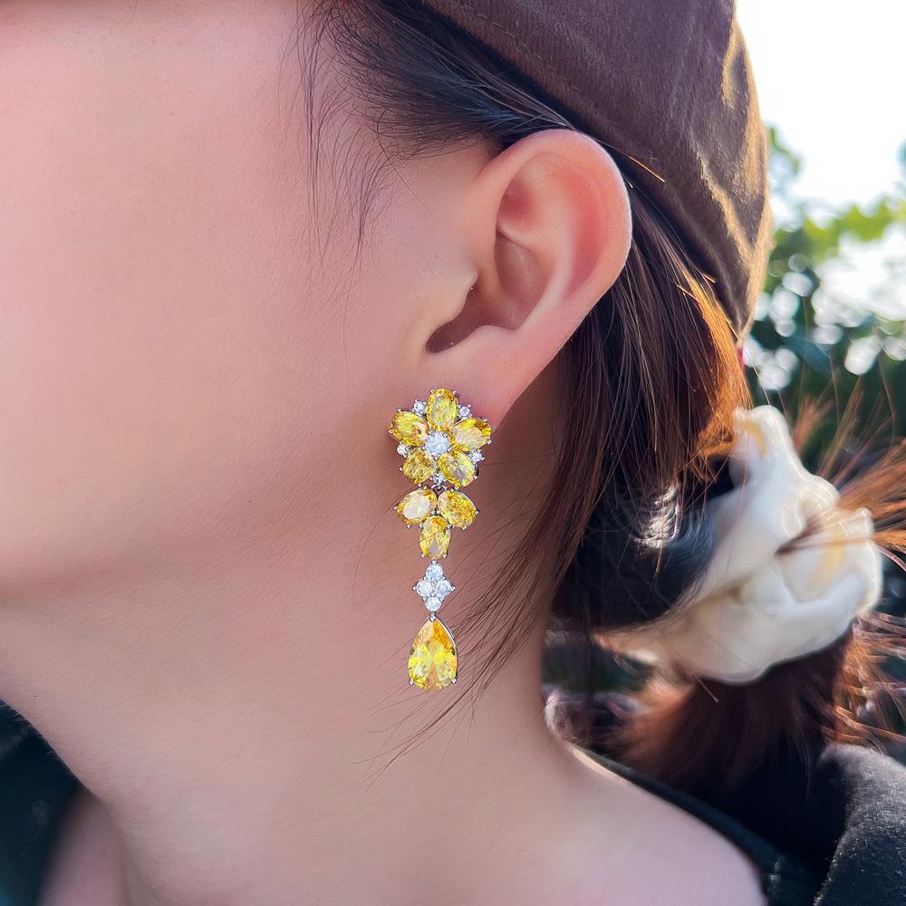 Light Luxury Long Flower Water Drop Zircon Earrings Super Flash Diamond Temperament Earrings Earrings