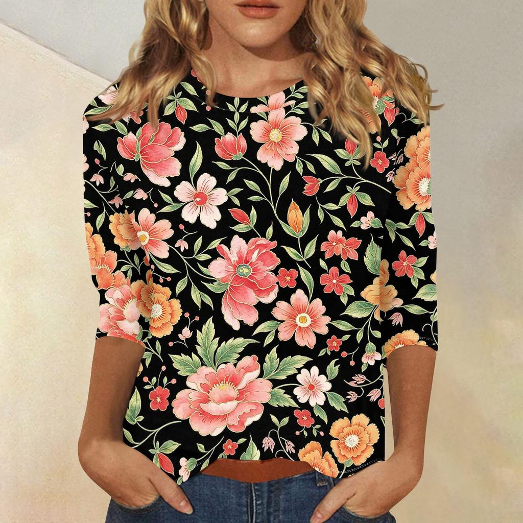 Damen Casual Oberteil mit Blumendruck 3/4 Ärmel Rundhalsausschnitt Leichter weicher Stoff Bequeme Passform Stilvolles Design für den Alltag