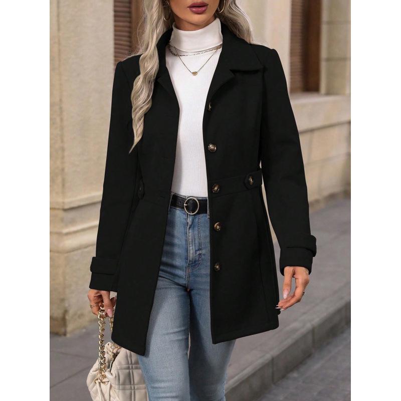 

Элегантное шерстяное пальто средней длины Весна/Осень 2026 с лацканами, пуговицами и приталенным силуэтом XL чёрный