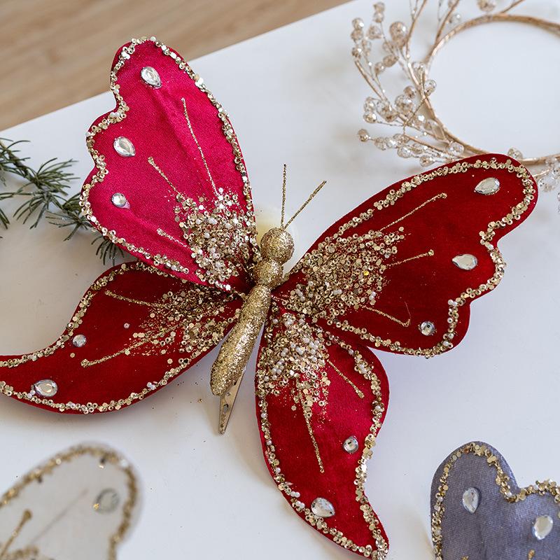 Simulated Butterfly Pendant Christmas Tree Gold Powder Decoration Butterfly Sequin Clip Christmas Floral Atmosphere Accessories
