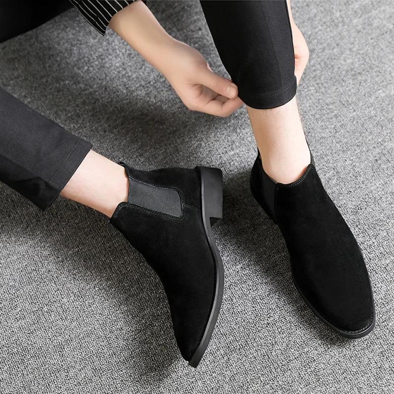 Men'S Retro Classical Chelsea Boots Cow Suede Genuine Leather Mens Fashion Ankle Short Boot High-Top Casual Shoes For Men