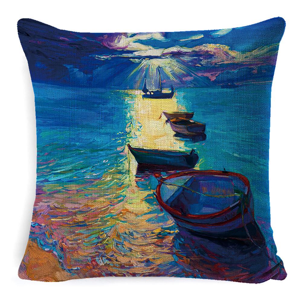 New Linen Pillow Cover Oil Painting Landscape Office Lumbar Pillow Cover Home Sofa Pillow Home Pillow