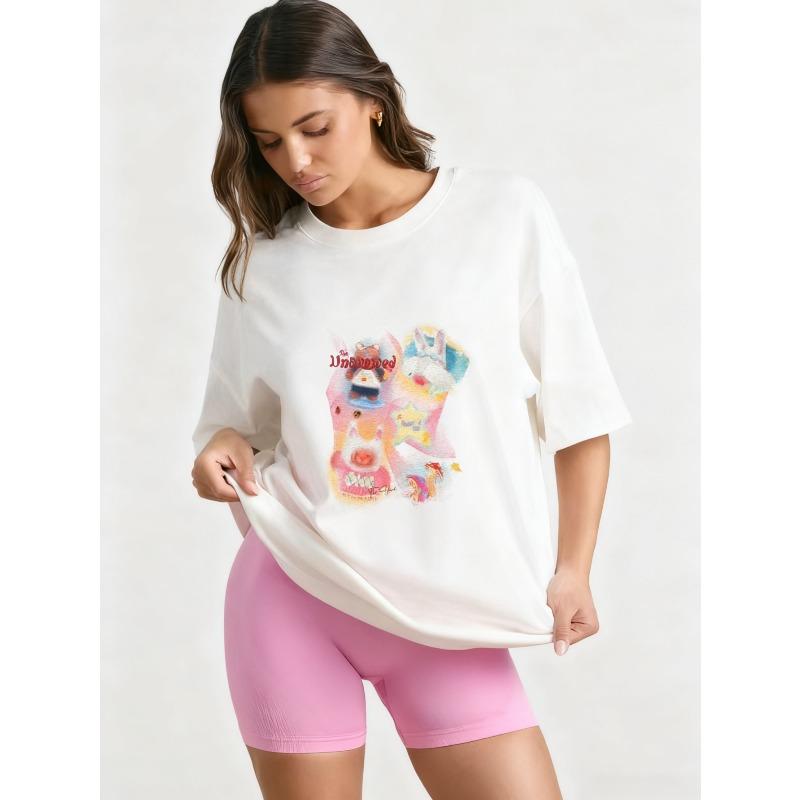 Oversized T Shirt Black Cartoon Animal Print With Text For Casual Wear