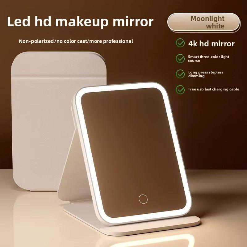 Portable LED Makeup Mirror with Foldable Design and Three-Tone Lighting for Desktop Use