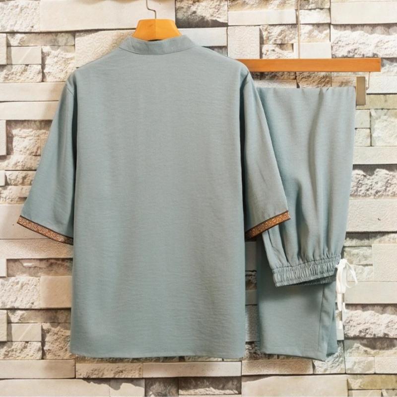 Summer Casual Set Men's Frog Button Hanfu Retro Streetwear Tang Suit T-shirt Crops Two-Piece Set