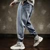 Mid-Rise Elastic Waistband Drawstring Shrinkable Cuffs Casual Jeans Men Multi Pockets Hip Hop Denim Jogging Pants Streetwear