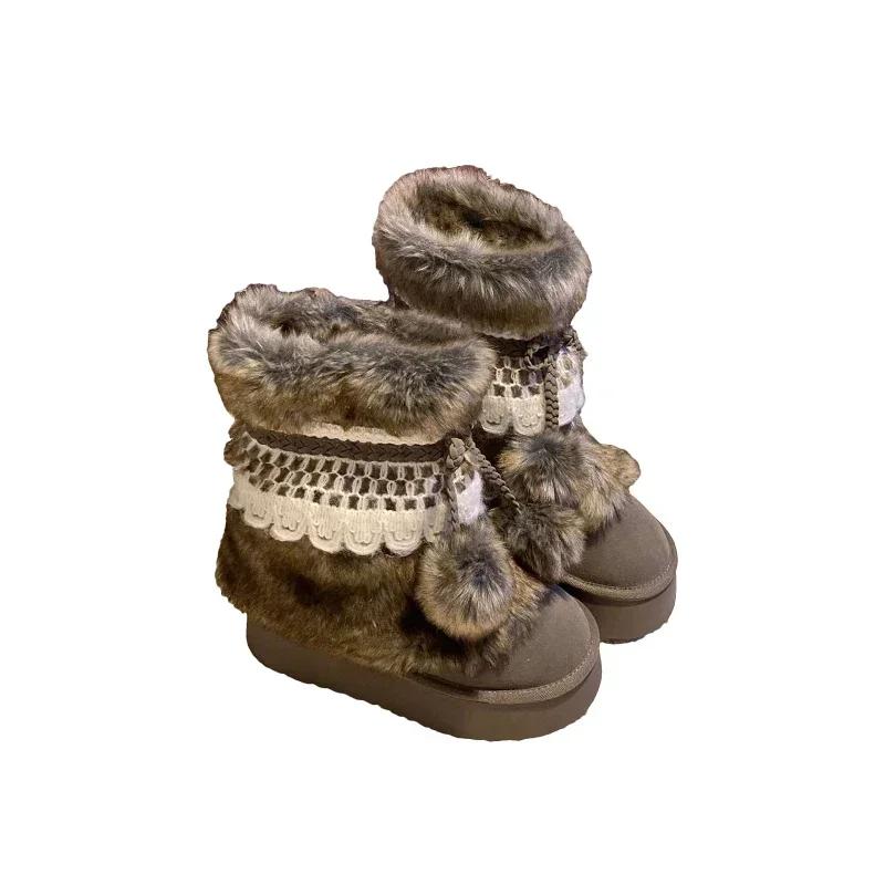 Bow Fur Snow Boots Women Platform Ankle Shoes Winter Suede Flats Warm  2025 New Brand Fashion Sweet Chelsea