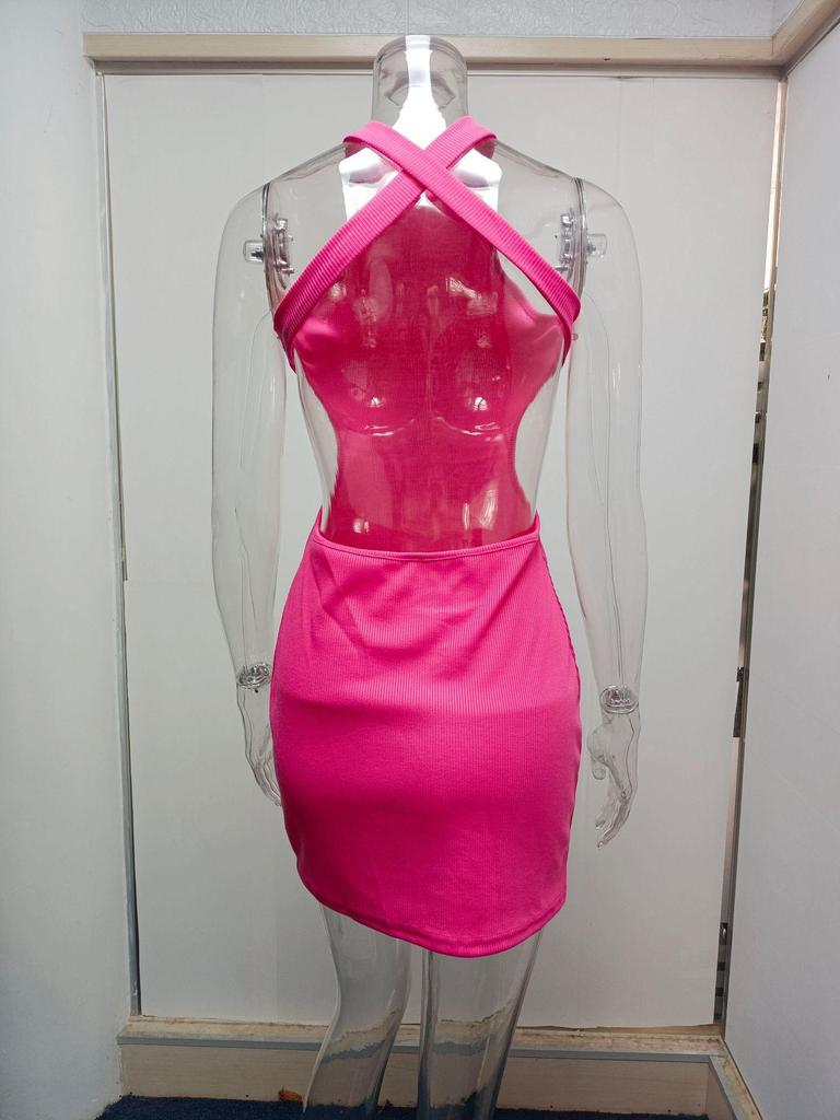 Άνοιξη/Καλοκαίρι Φθινόπωρο/Χειμώνας Νέο γυναικείο σέξι φόρεμα με ψηλό λαιμό με κούφιο στήθος με ανοιχτή πλάτη Τσάντα στη μέση