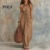 Rochie casual tip halteră plisată pentru femei, rochie maxi cu gât, decolteu adânc V, fără mâneci, fluidă, rochie de soare pentru vacanță la plajă, de vară, fluidă, cu buzunare, fustă lungă care subțiază