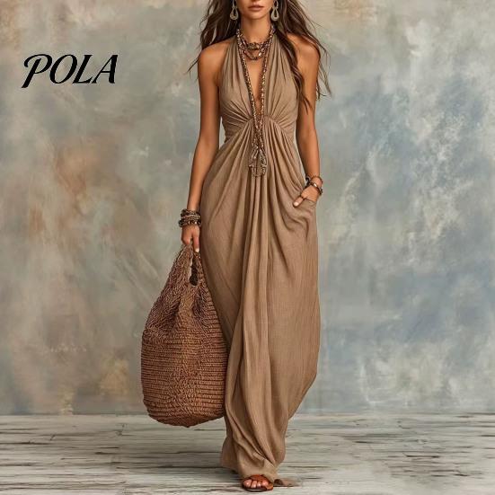 Rochie casual tip halteră plisată pentru femei, rochie maxi cu gât, decolteu adânc V, fără mâneci, fluidă, rochie de soare pentru vacanță la plajă, de vară, fluidă, cu buzunare, fustă lungă care subțiază