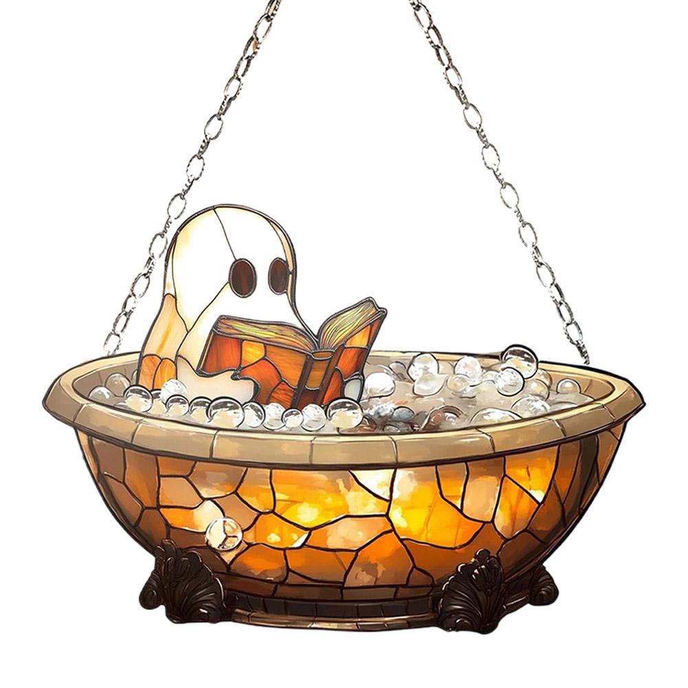 Acrylic Halloween Ghost in Bathtub Window Hanging Ornament Cute Ghost Reading Book Decor Home Bedroom Living Room Decorations