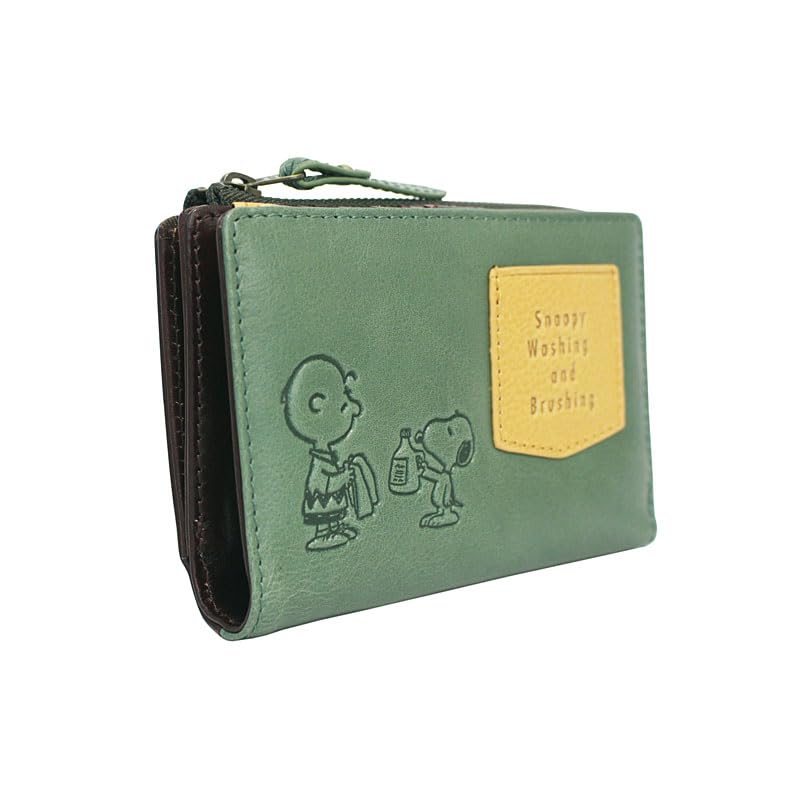 Nihon Apparel Men's Green Nadaya Peanuts Snoopy Bifold Washing Genuine Cowhide H90 X W130 X 73480 Wallet, Leather, D30mm,