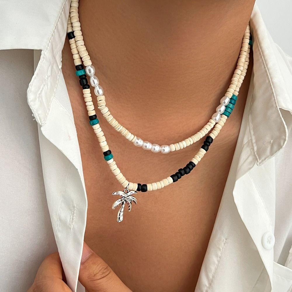 Hip Hop Coconut Tree Pendant Choker Silver Rhinestone Flower Necklace Coconut Husk Necklace Women