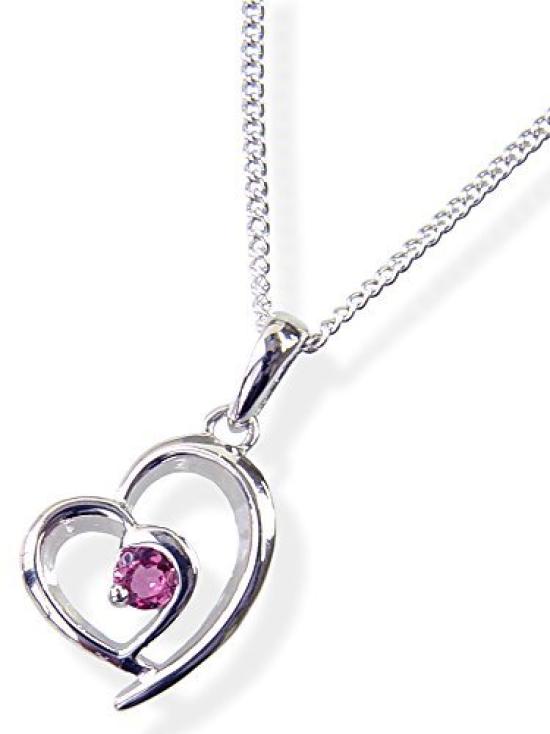 [Your and My Jewelry Box] Silver Natural Pink Tourmaline Double Open Heart Pendant Necklace  14188 [October Birthstone] [Gift Wrapped]