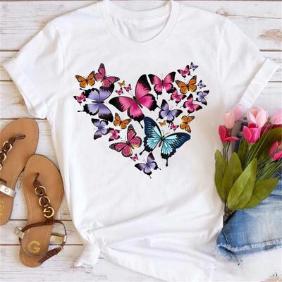 Butterfly Style Cute Top O-Neck Fashionable Women's Casual Fun Watercolor Pattern T-Shirt Women's Short Sleeved Printed T-Shirt