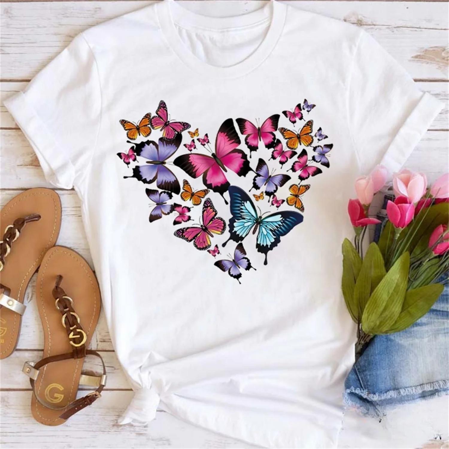 Butterfly Style Cute Top O-Neck Fashionable Women s Casual Fun Watercolor Pattern T-Shirt Women s Short Sleeved Printed T-Shirt S