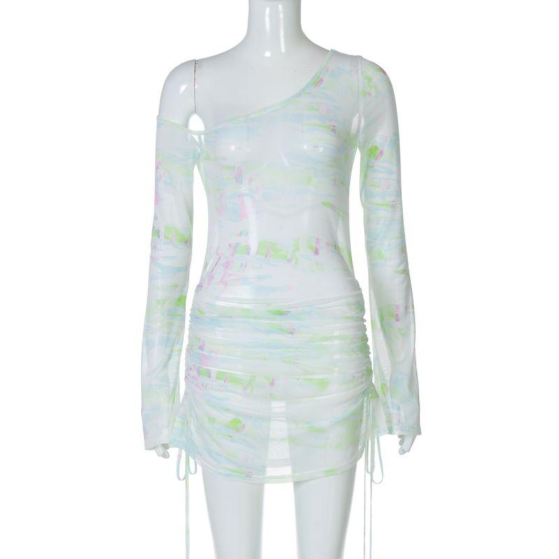 

Style Outwear Semi-Transparent Mesh Floral Print One-Shoulder Cold-Shoulder Long Sleeves Dress Female Drawstring Ruffle High Waist Short Skirt Color S