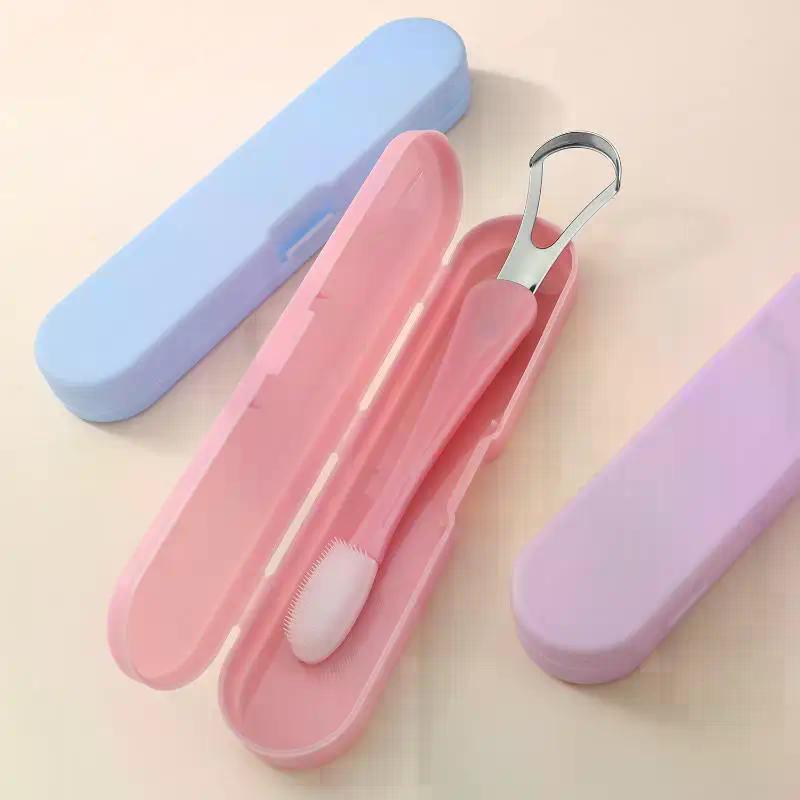 Tongue Scraper Cleaner For Adult Kid,2 In 1 Silicone Tongue Brush And Stainless Steel Tongue Scrapers For Fresh Breath Dental