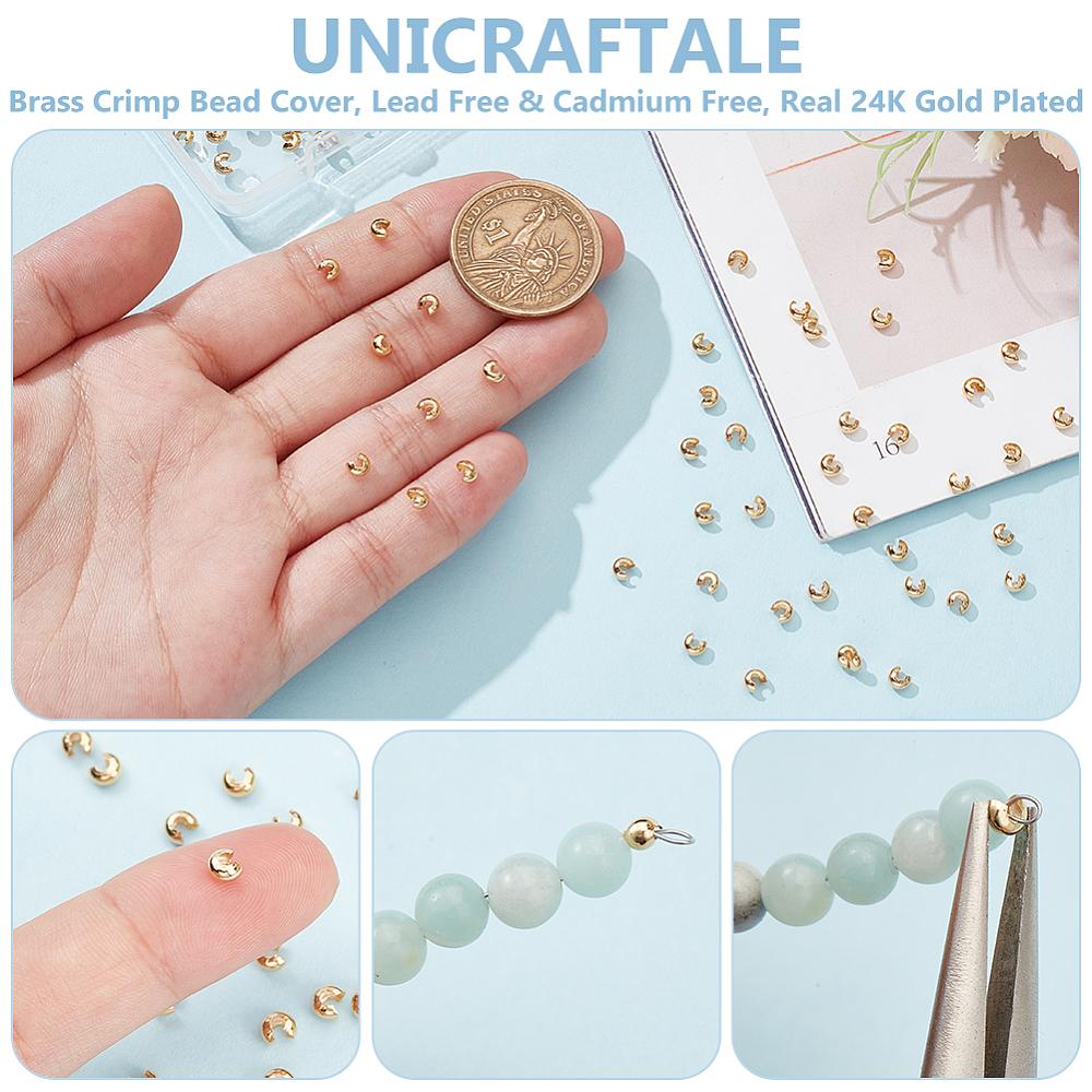 150Pcs Brass Crimp Bead Cover, Lead Free & Cadmium Free, Real 24K Gold Plated, 4x2mm, Hole: 1.5mm