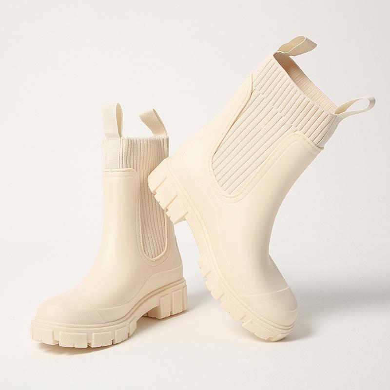 Mittelhohe Regenstiefel mit elastischem Schaft für Damen, Chelsea-Stil, wasserdicht, rutschfest und abriebfest, für den Außenbereich, modische Camping-Regenstiefel