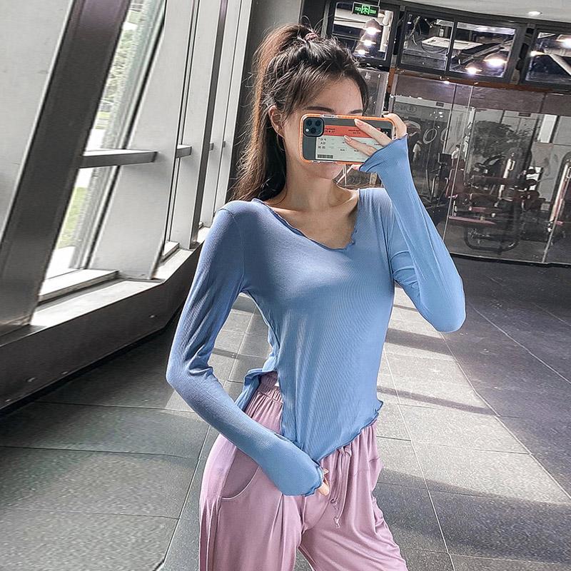 Women's Long Sleeved V-neck Tight Fitting Yoga Clothes Irregular Running Quick Drying Clothes Fitness Clothes T-shirt