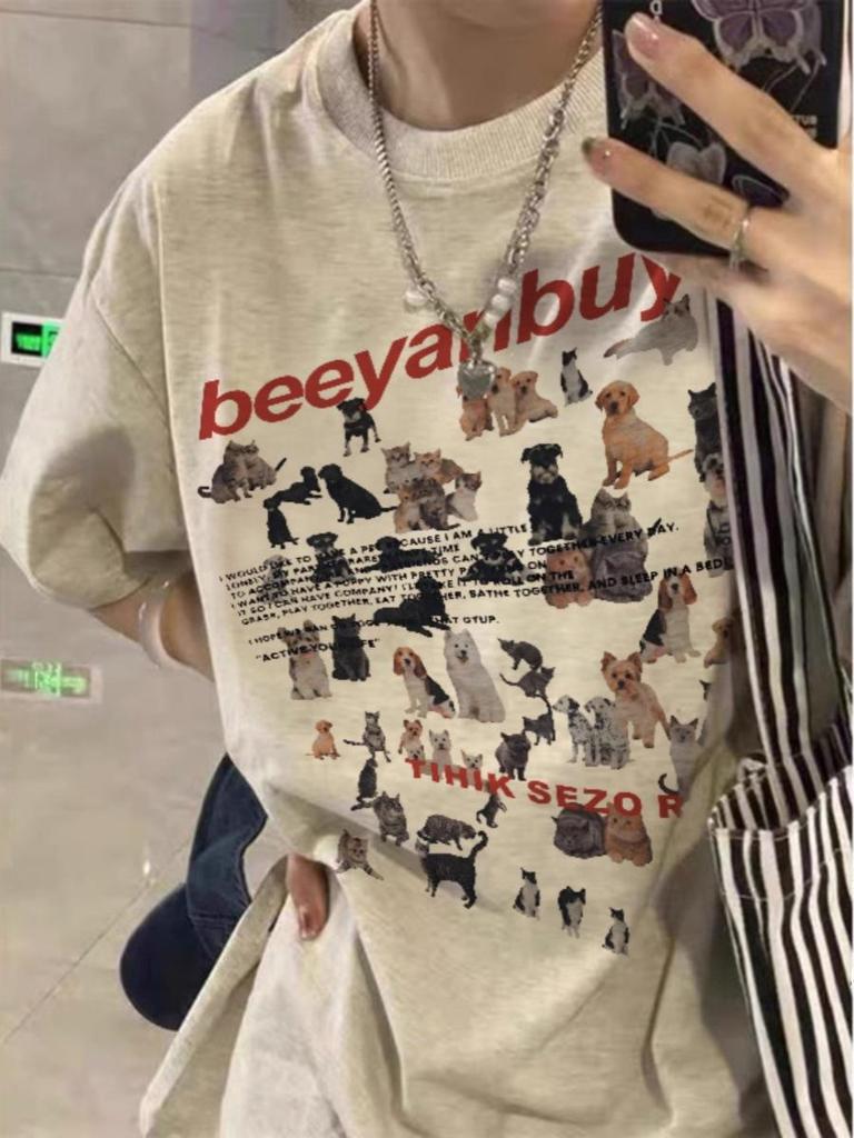 Plussstørrelse Tegneseriekatt og Valp Kortarmet T-skjorte - Dame Løs Hong Kong Chic Stil Sommeroverdel